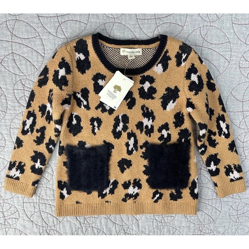 Tucker + Tate Girls Leopard Print Sweater Faux Fur Pocket Pullover Sz‎ 6 NWT